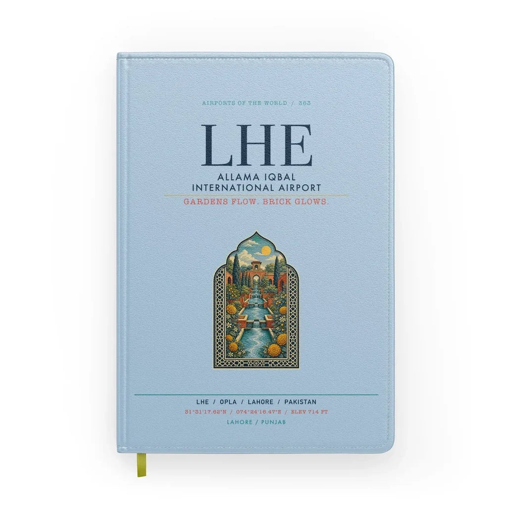 Allama Iqbal International Airport Lahore (LHE) design on light blue notebook