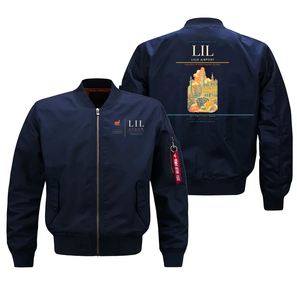 Lille Airport (LIL) design on blue bomber jacket