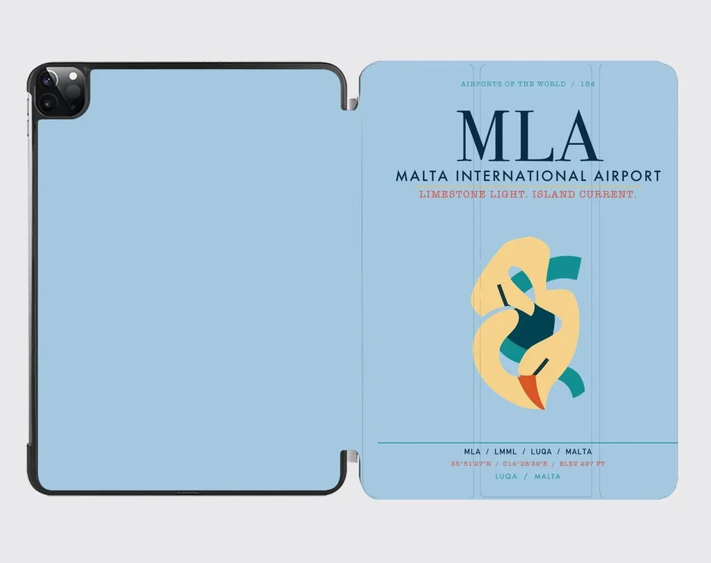 Malta International Airport (MLA) design on light blue ipad tablet case