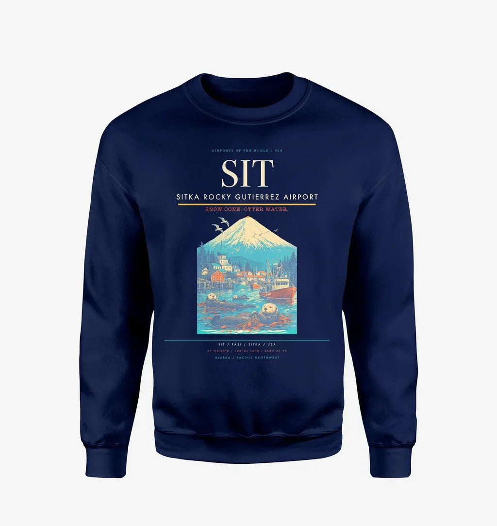 Sitka Rocky Gutierrez Airport (SIT) design on navy blue sweatshirt