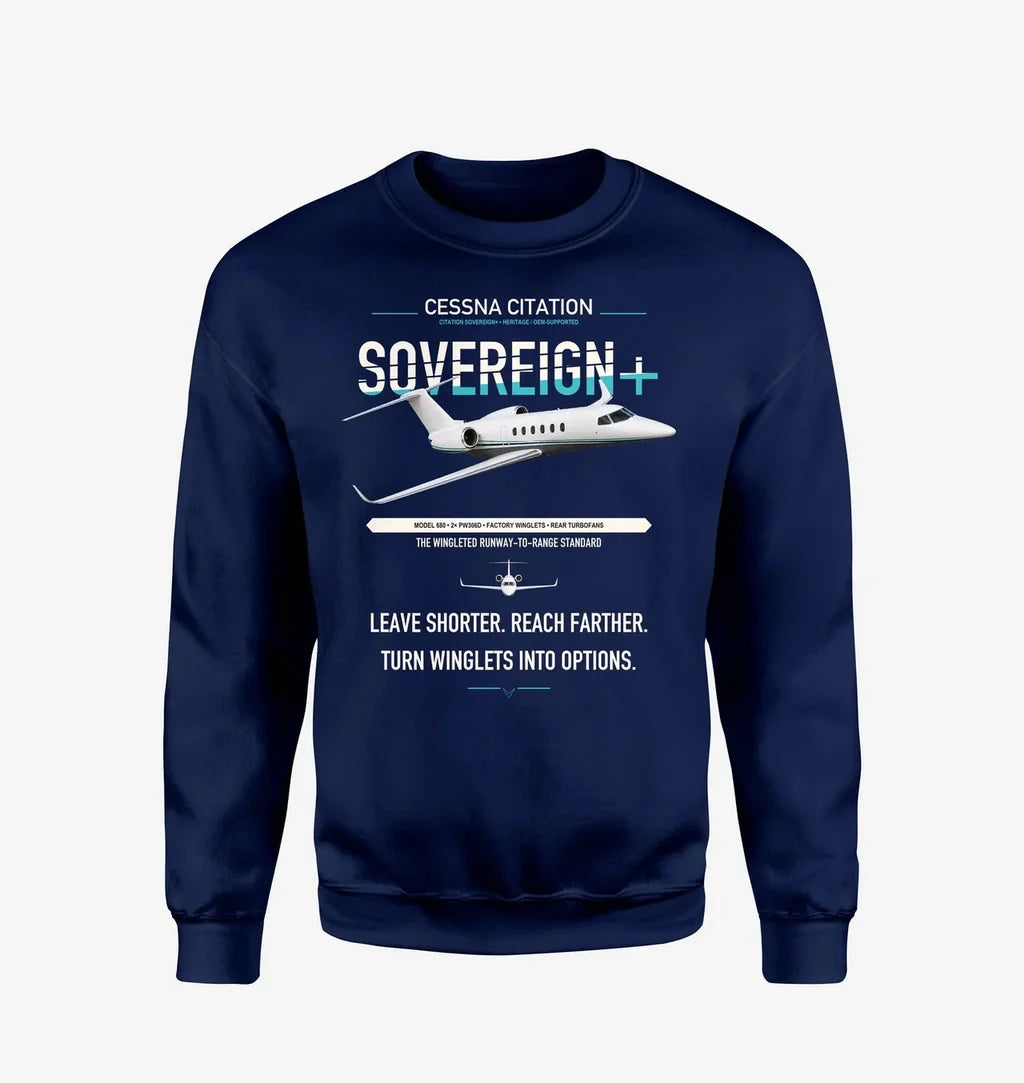 Cessna Citation Sovereign+ design on navy blue sweatshirt