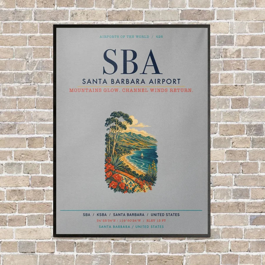Santa Barbara Airport SBA vertical canvas print - framed - light gray background