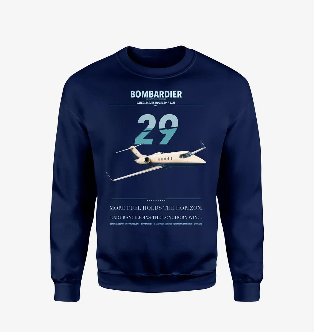 Bombardier Learjet 29 design on navy blue sweatshirt