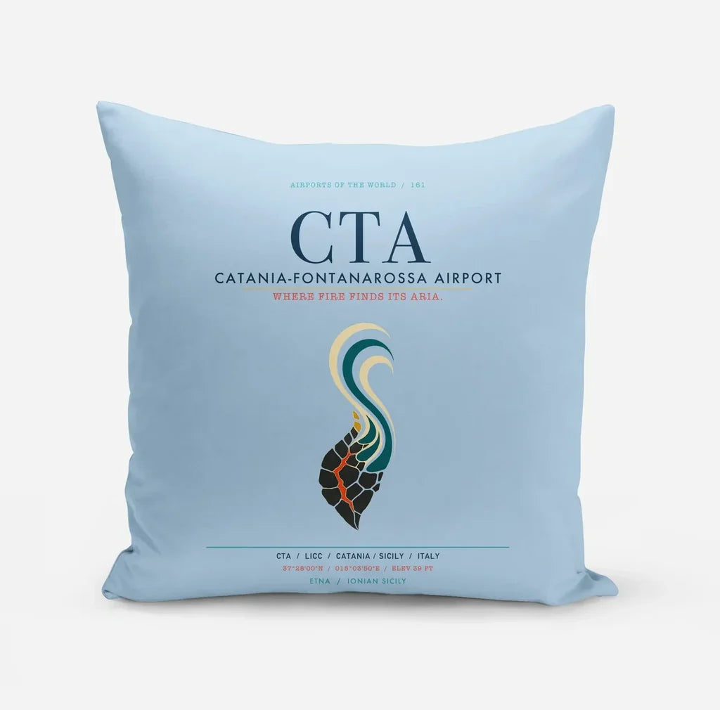 Catania-Fontanarossa Airport (CTA) design on light blue pillow