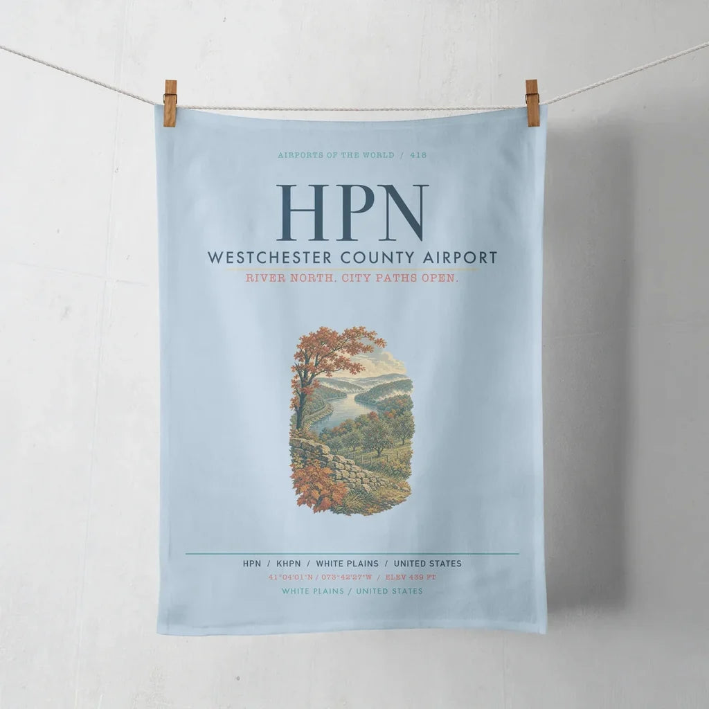 Westchester County Airport (HPN) design on light blue towel
