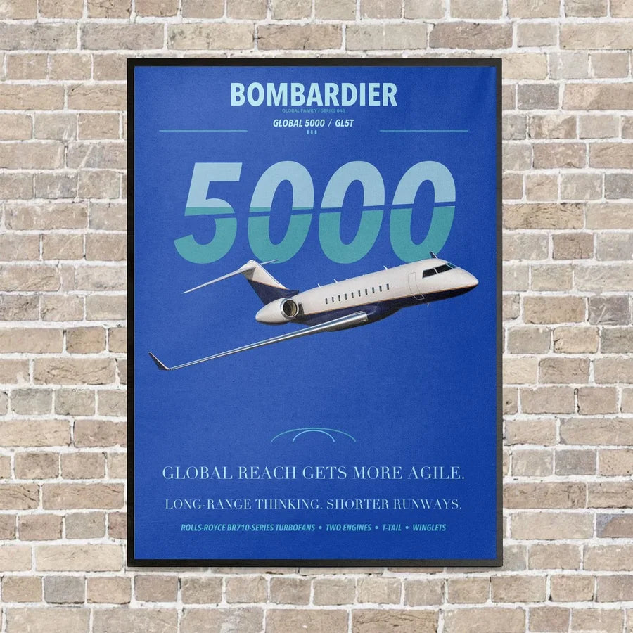 Bombardier Global 5000 vertical canvas print - framed - blue background