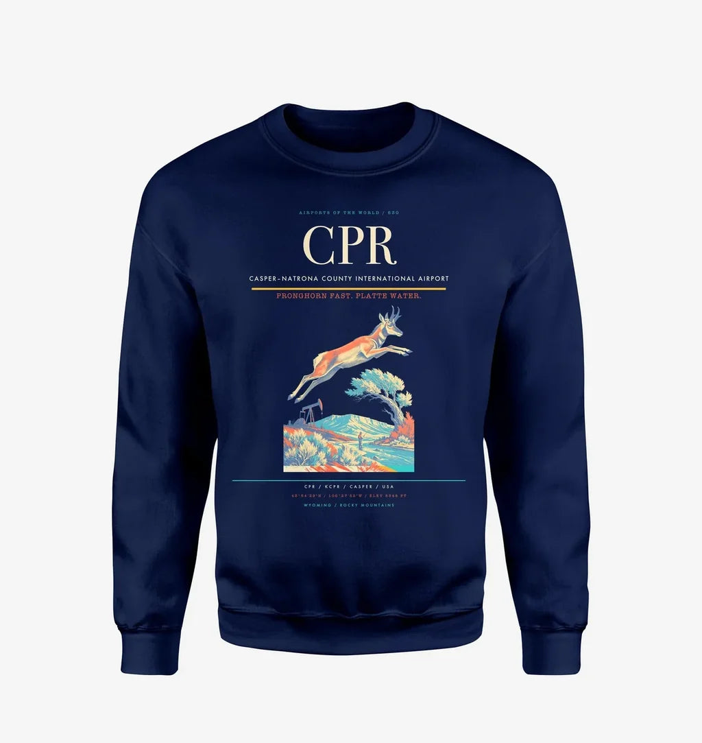 Casper–Natrona County International Airport (CPR) design on navy blue sweatshirt
