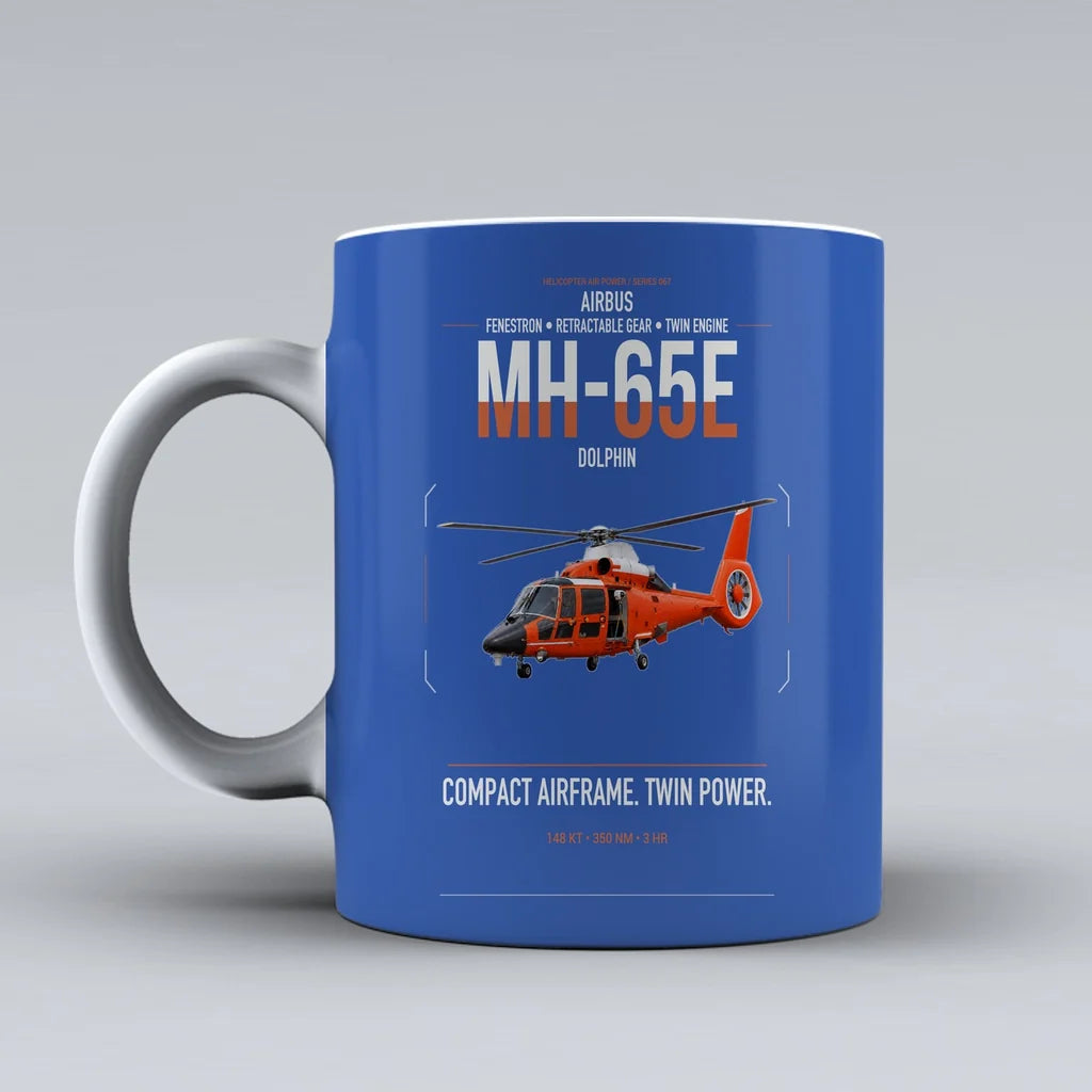 Airbus MH-65E Dolphin design on blue ceramic mug, double-side print