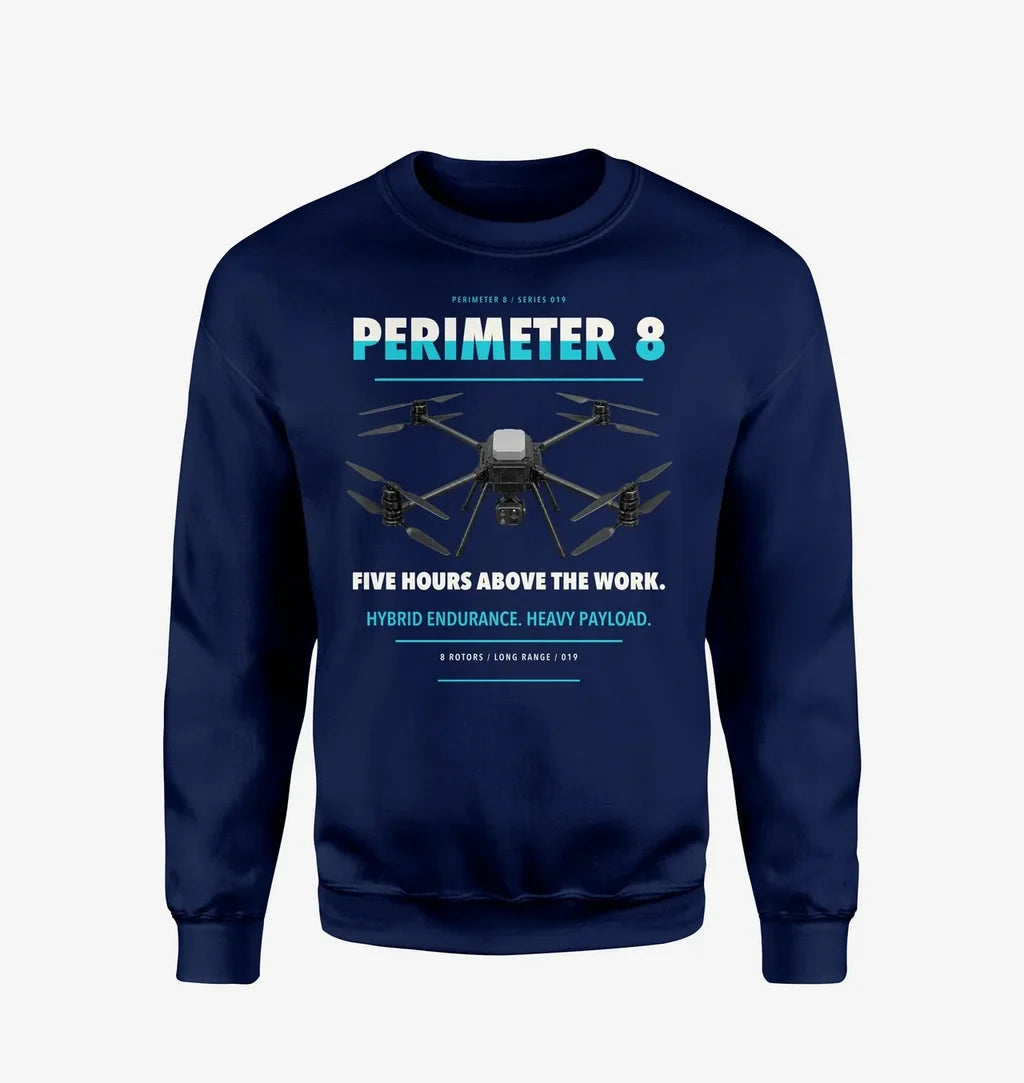 Skyfront Perimeter 8 design on navy blue sweatshirt