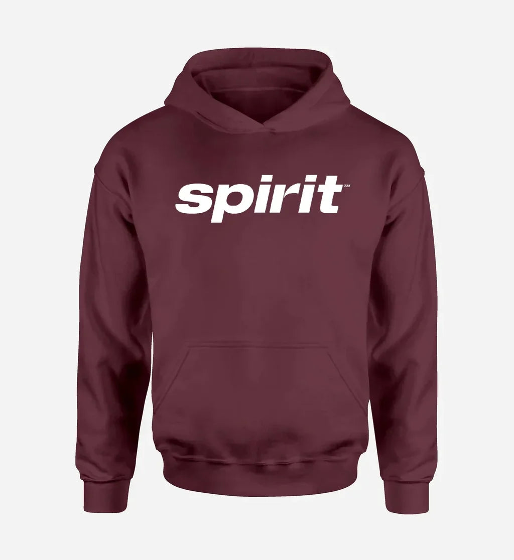 Spirit Airlines logo printed on dark red hoodie