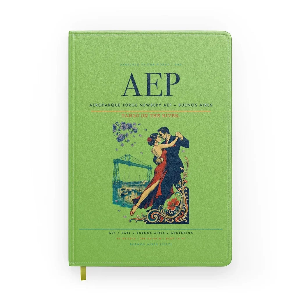 Aeroparque Jorge Newbery (AEP) design on light green notebook