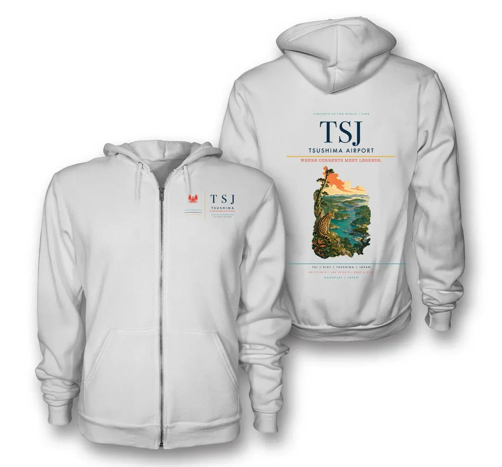 Tsushima Airport (TSJ) design on white premium zipped hoodie