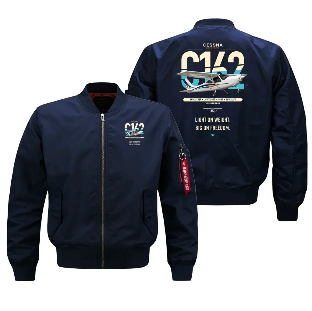 Cessna 162 Skycatcher design on blue bomber jacket, double-side print