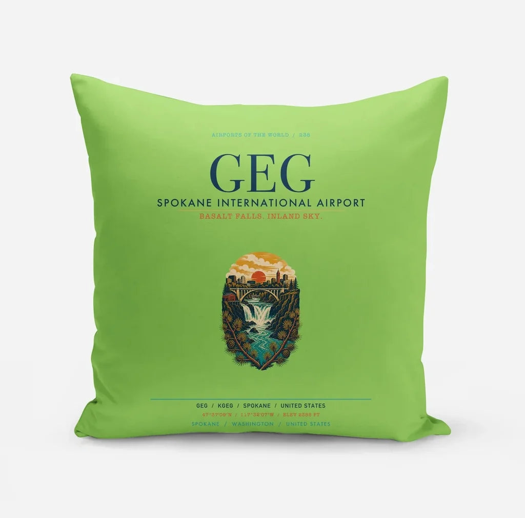 Spokane International Airport (GEG) design on light green pillow