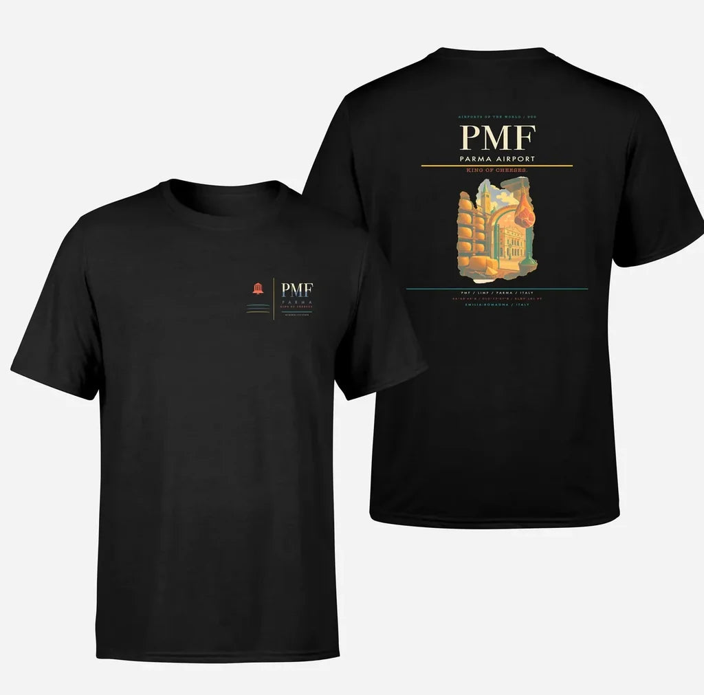 Parma Airport (PMF) design printed on black double-side t-shirt