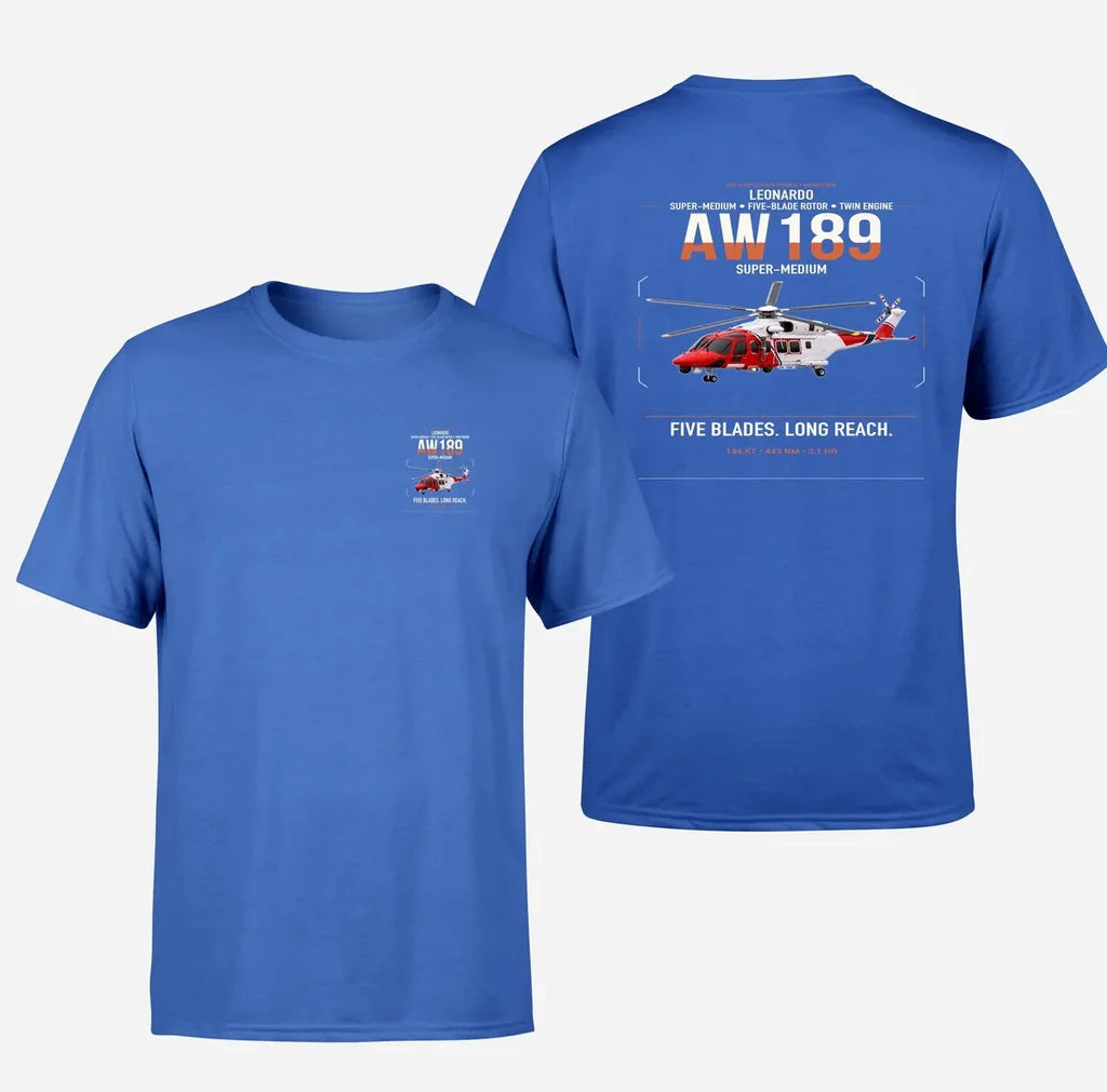 Leonardo AW189 design on blue t-shirt, double-side print