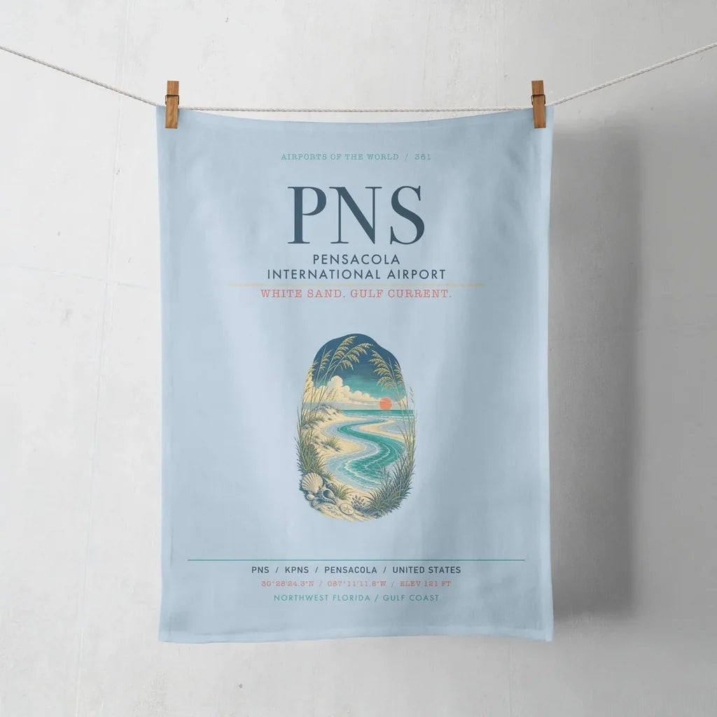 Pensacola International Airport (PNS) design on light blue towel