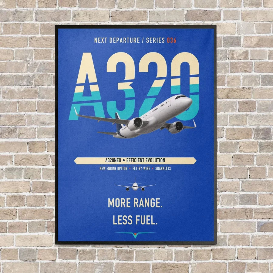 Airbus A320neo vertical canvas print - framed - blue background