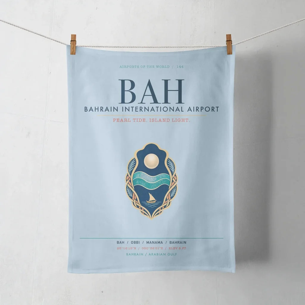 Bahrain International Airport (BAH) design on light blue towel