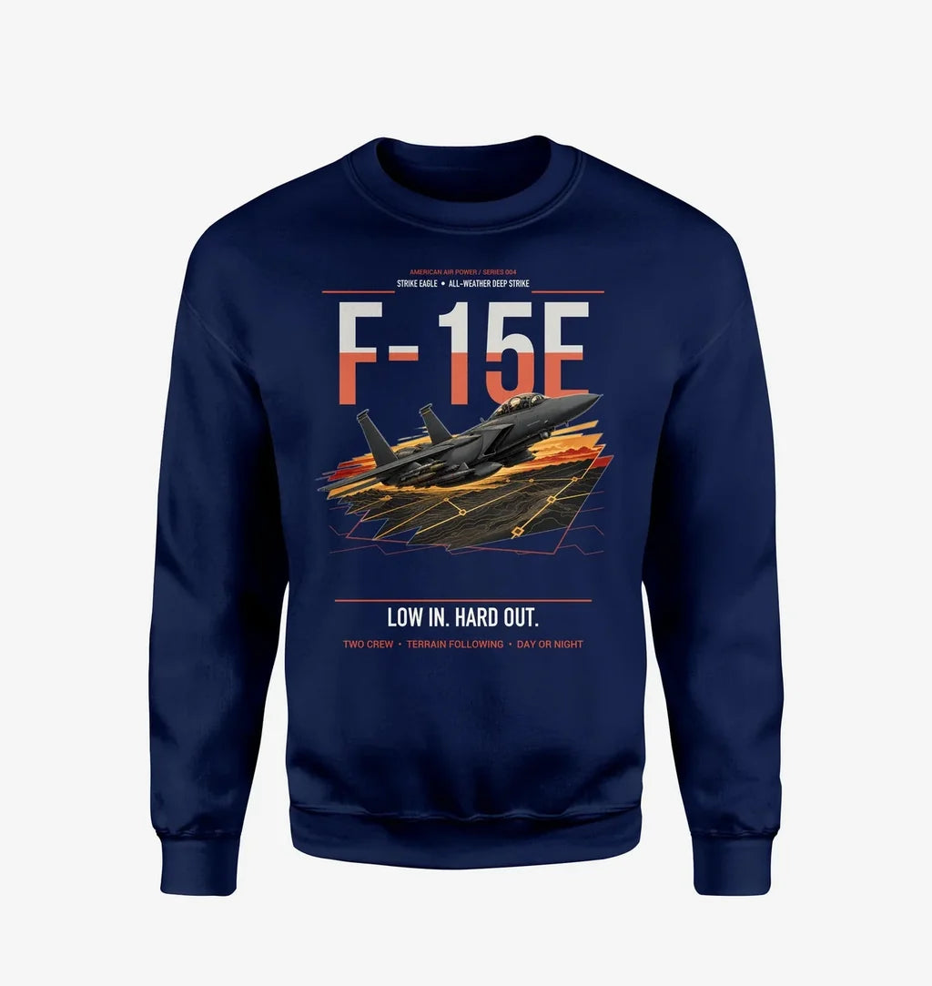 F-15E Strike Eagle design on navy blue sweatshirt