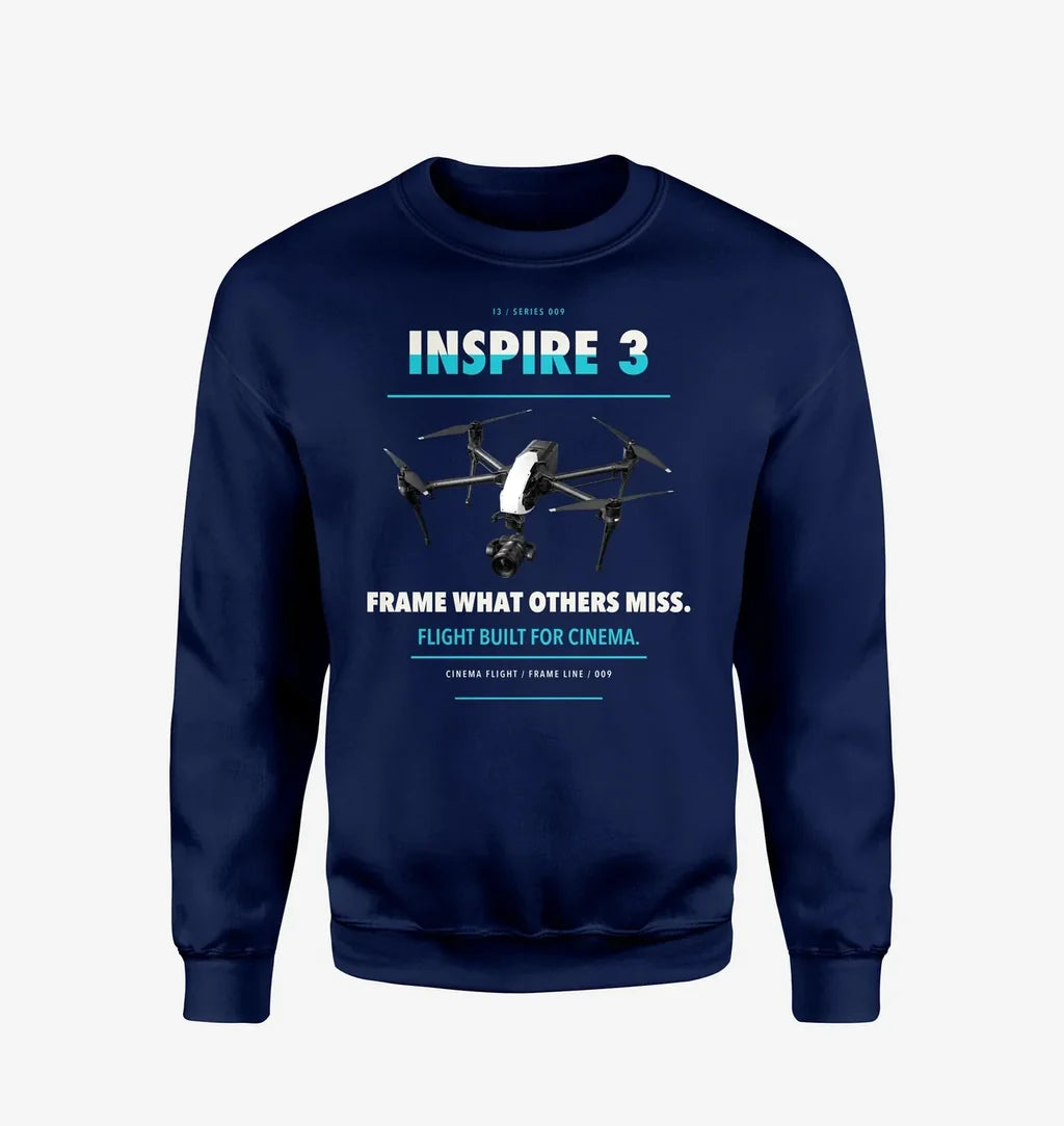 DJI Inspire 3 design on navy blue sweatshirt