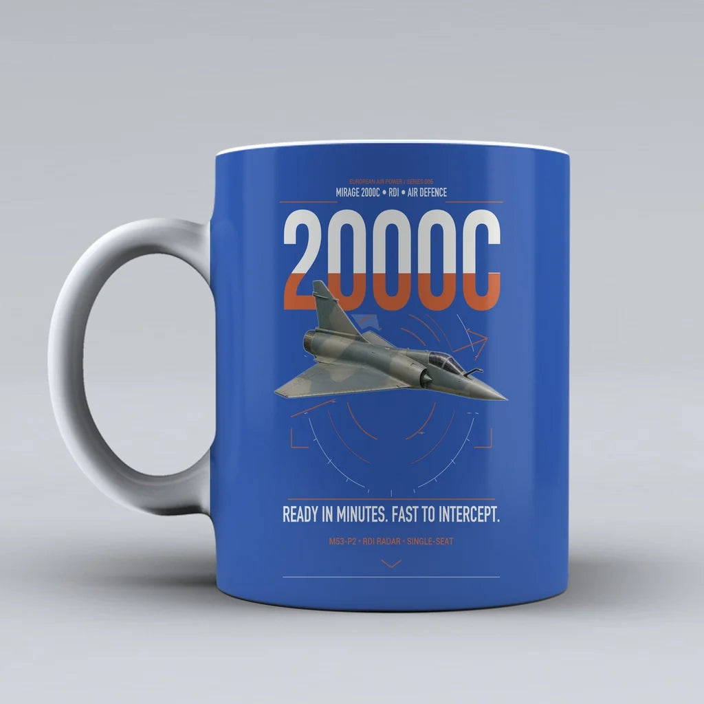Dassault Mirage 2000C RDI design on blue ceramic mug, double-side print