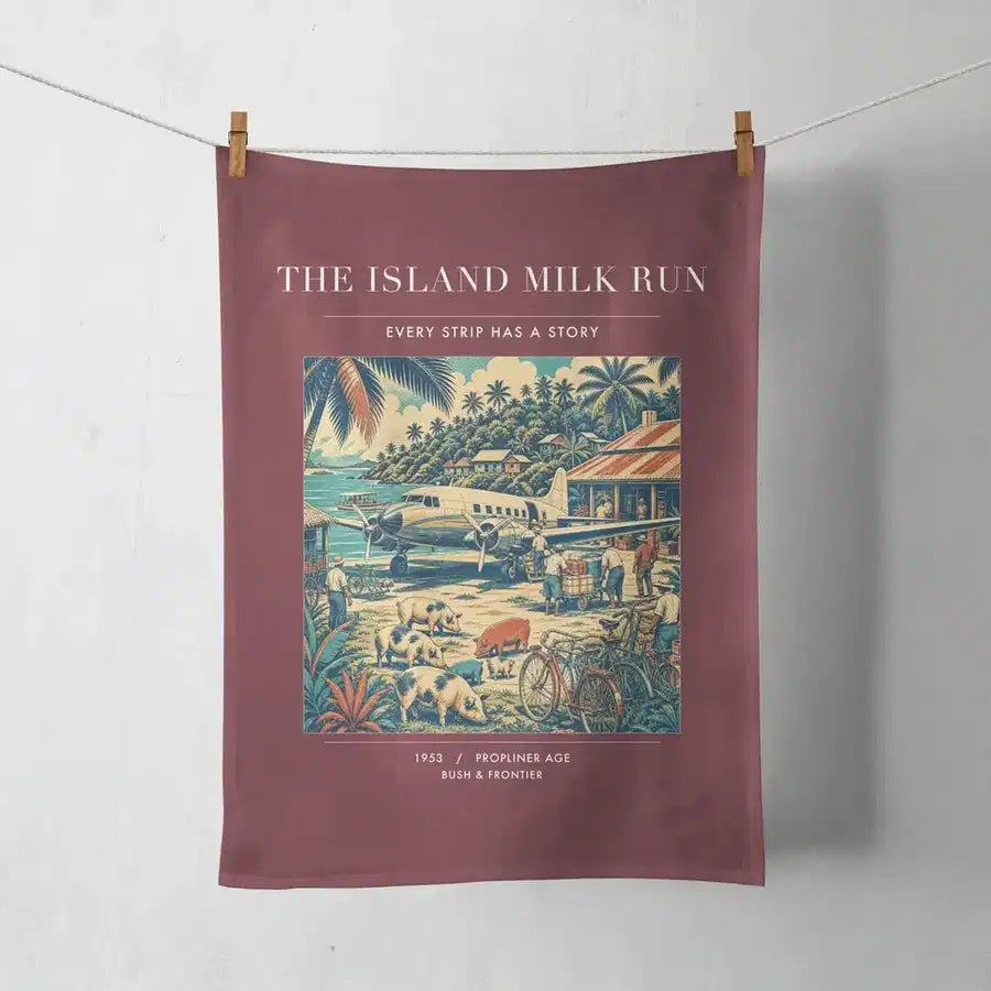 VINTAGE G4084 - The Island Milk Run - Designed Towels design on darkred