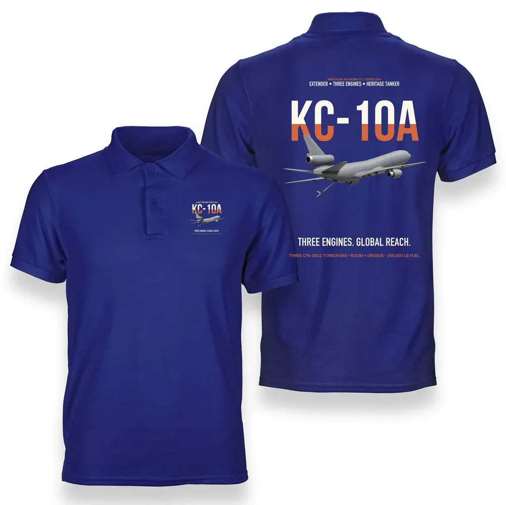 KC-10A EXTENDER design on blue double-side polo t-shirt, double-side print
