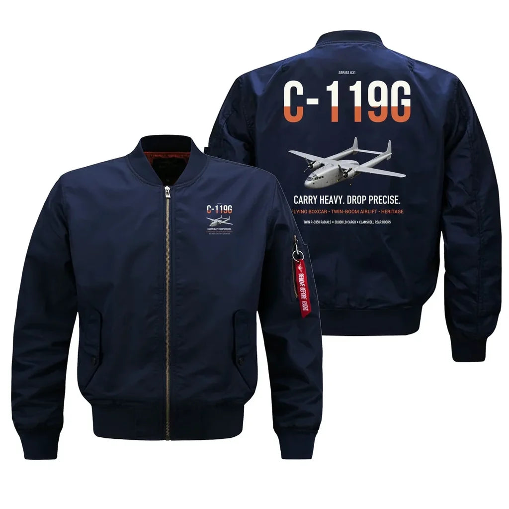 C-119G Flying Boxcar design on blue bomber jacket, double-side print