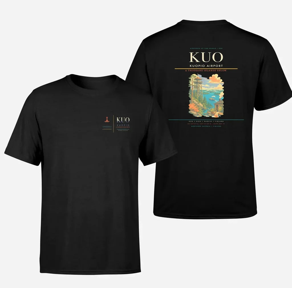 Kuopio Airport (KUO) design printed on black double-side t-shirt