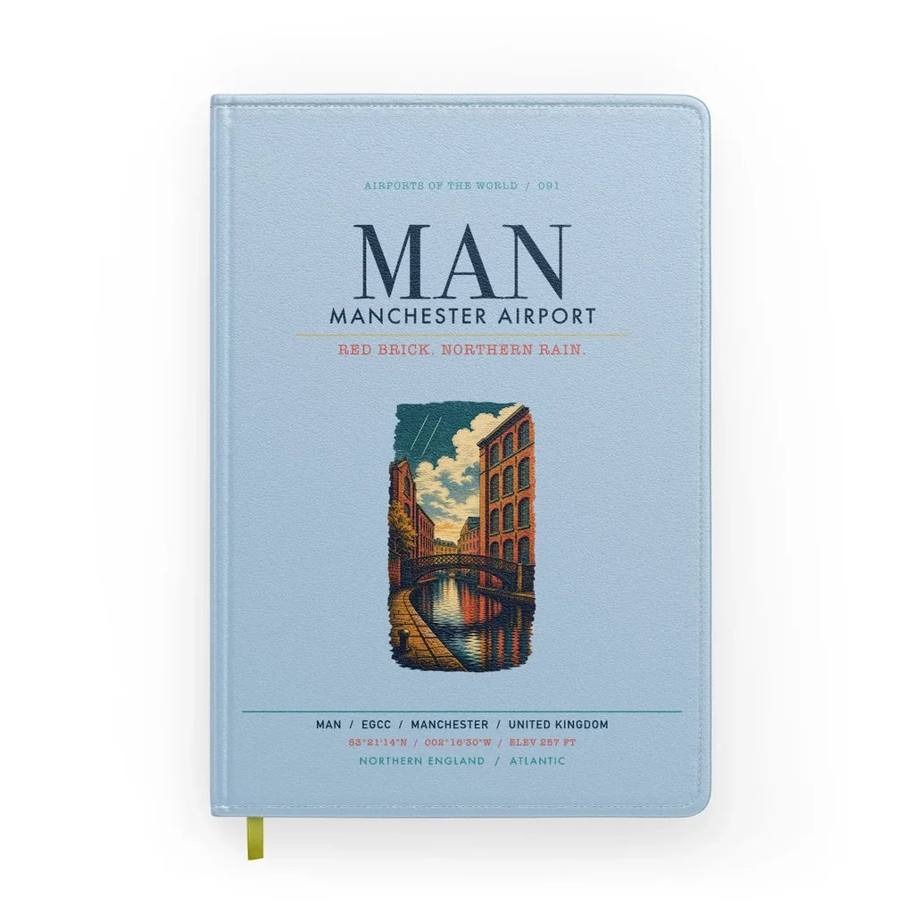 Manchester Airport (MAN) design on light blue notebook