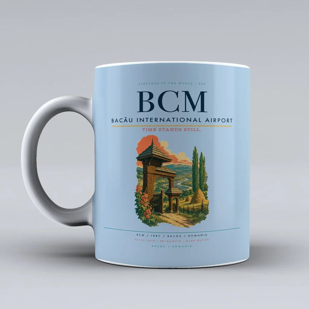 Bacău International Airport (BCM) airport code design on light blue ceramic mug