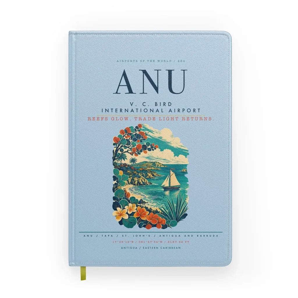 V. C. Bird International Airport (ANU) design on light blue notebook