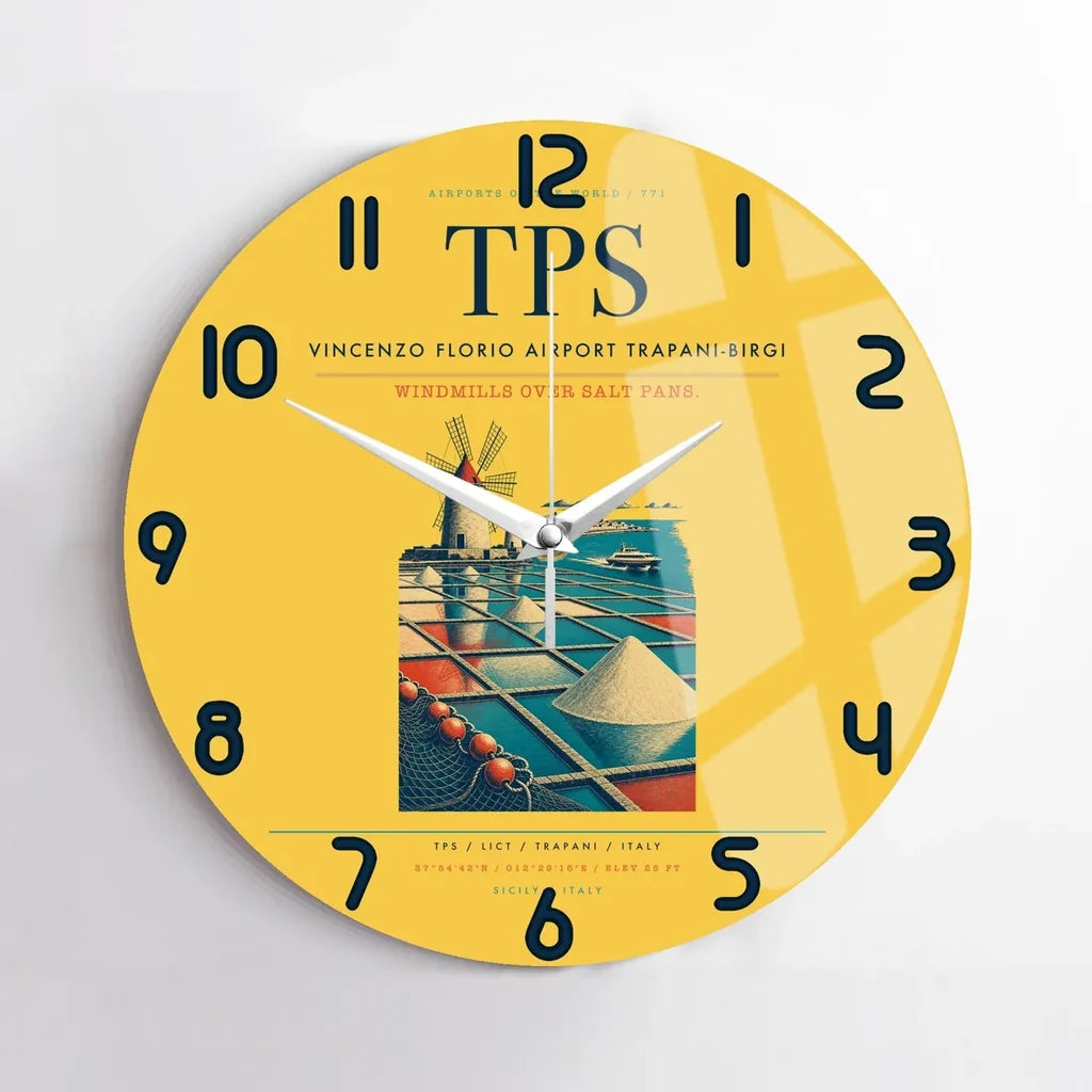 Vincenzo Florio Airport Trapani-Birgi (TPS) design on yellow no frame wall clock