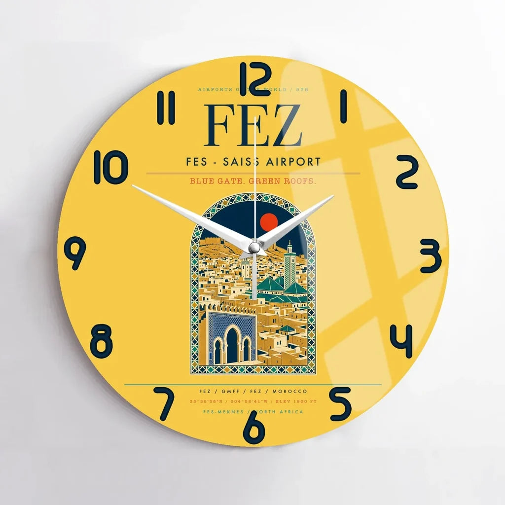 Fes (FEZ) design on yellow no frame wall clock