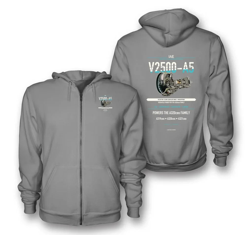 V2500-A5 design on gray zipped hoodie