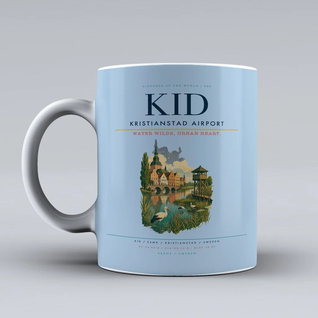 Kristianstad Airport (KID) airport code design on light blue ceramic mug