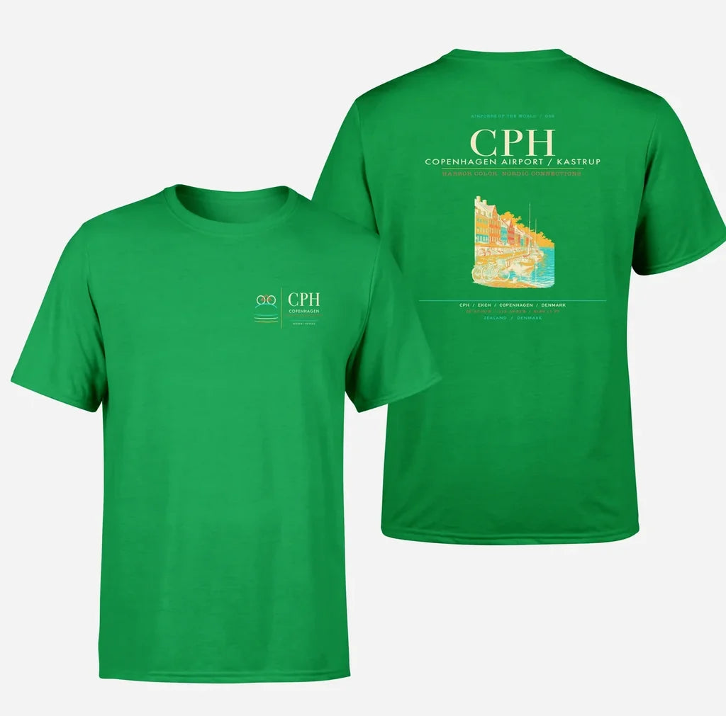 Copenhagen Airport (CPH) design printed on green double-side t-shirt