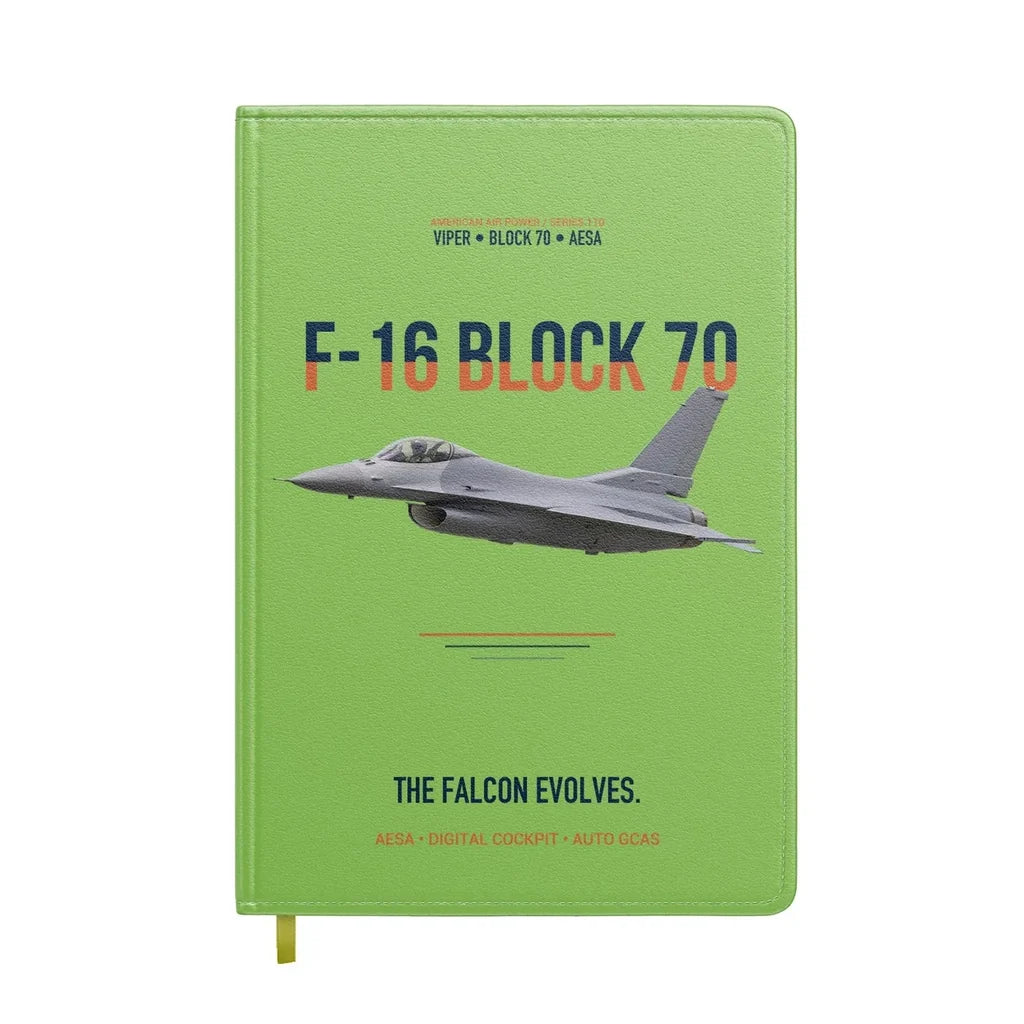 F-16 Block 70 The Falcon Evolves design on light green notebook