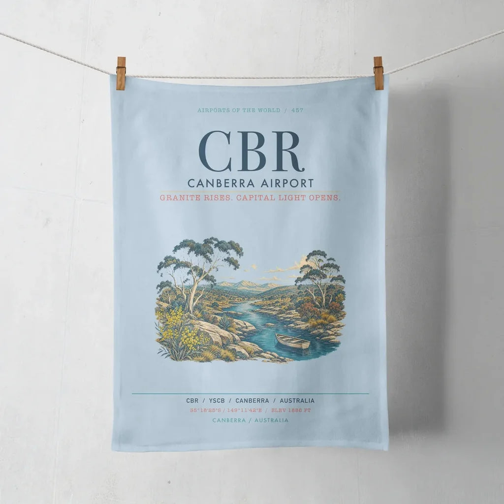 Canberra Airport (CBR) design on light blue towel