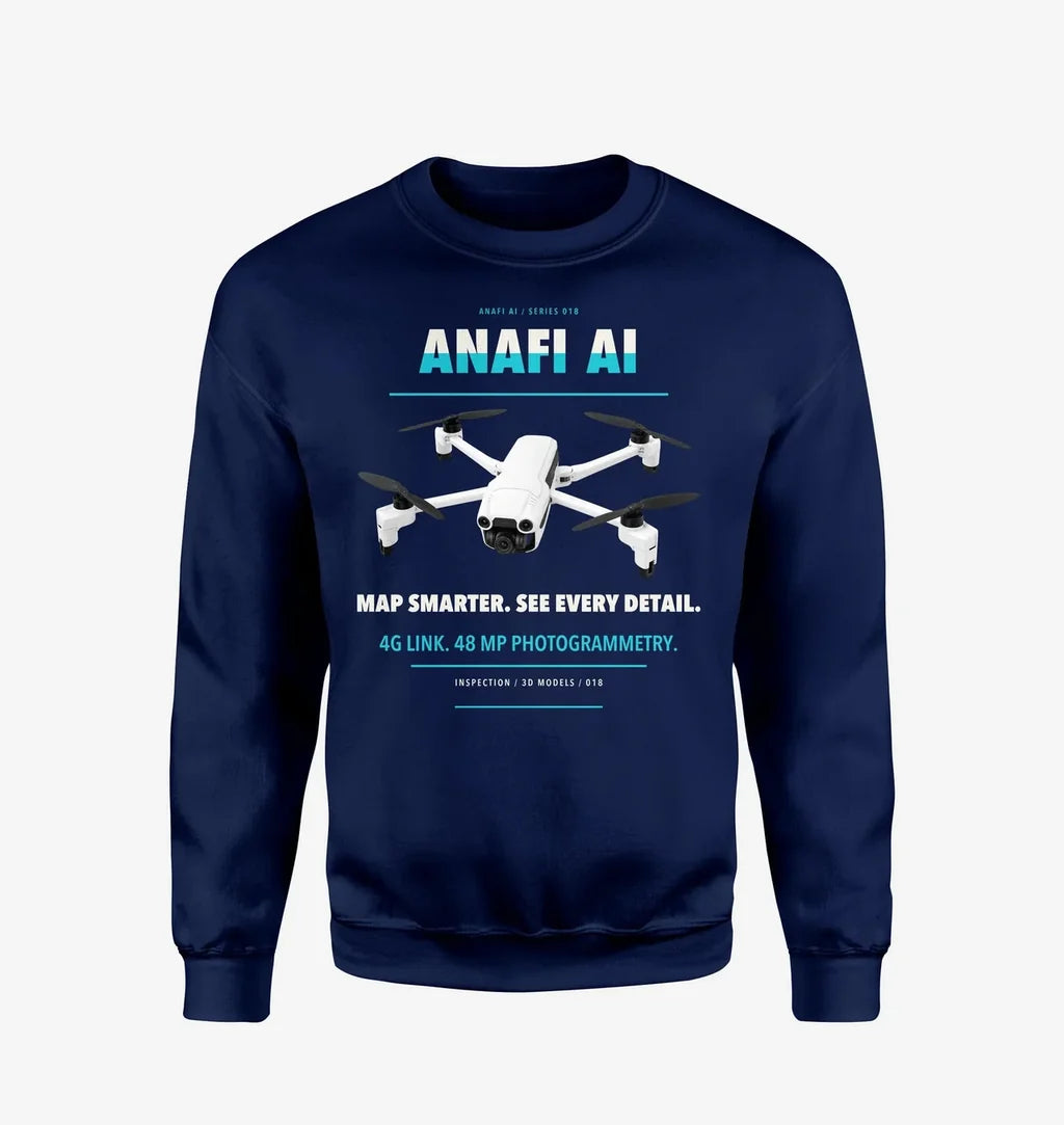 Parrot ANAFI Ai design on navy blue sweatshirt