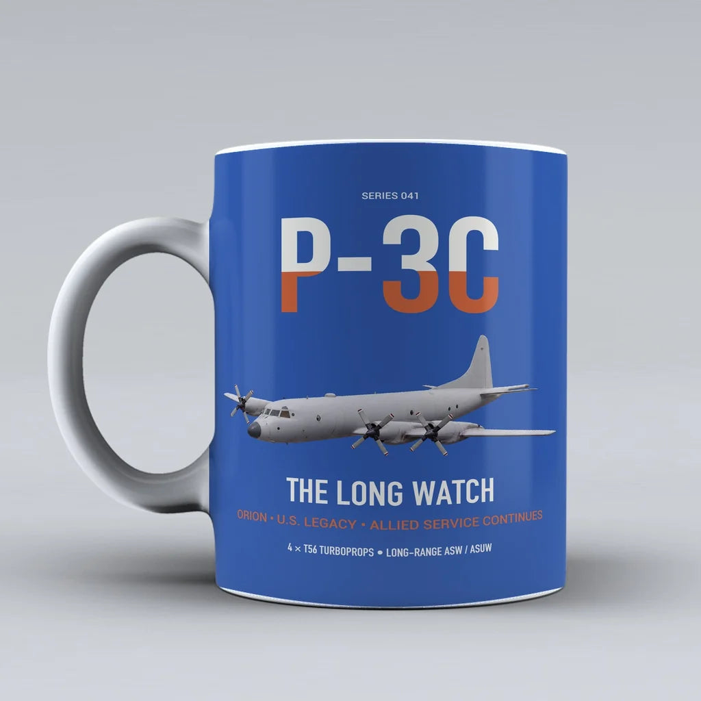 P-3C Orion design on blue ceramic mug, double-side print