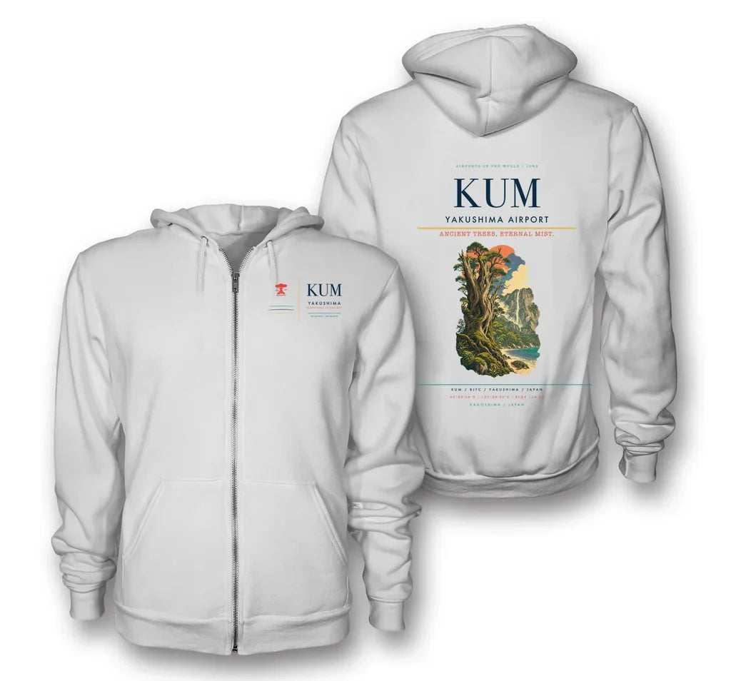 Yakushima Airport (KUM) design on white premium zipped hoodie