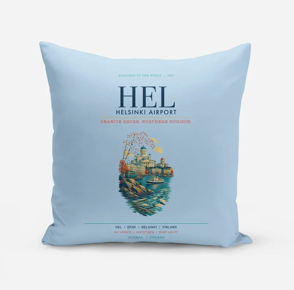 Helsinki Airport (HEL) design on light blue pillow