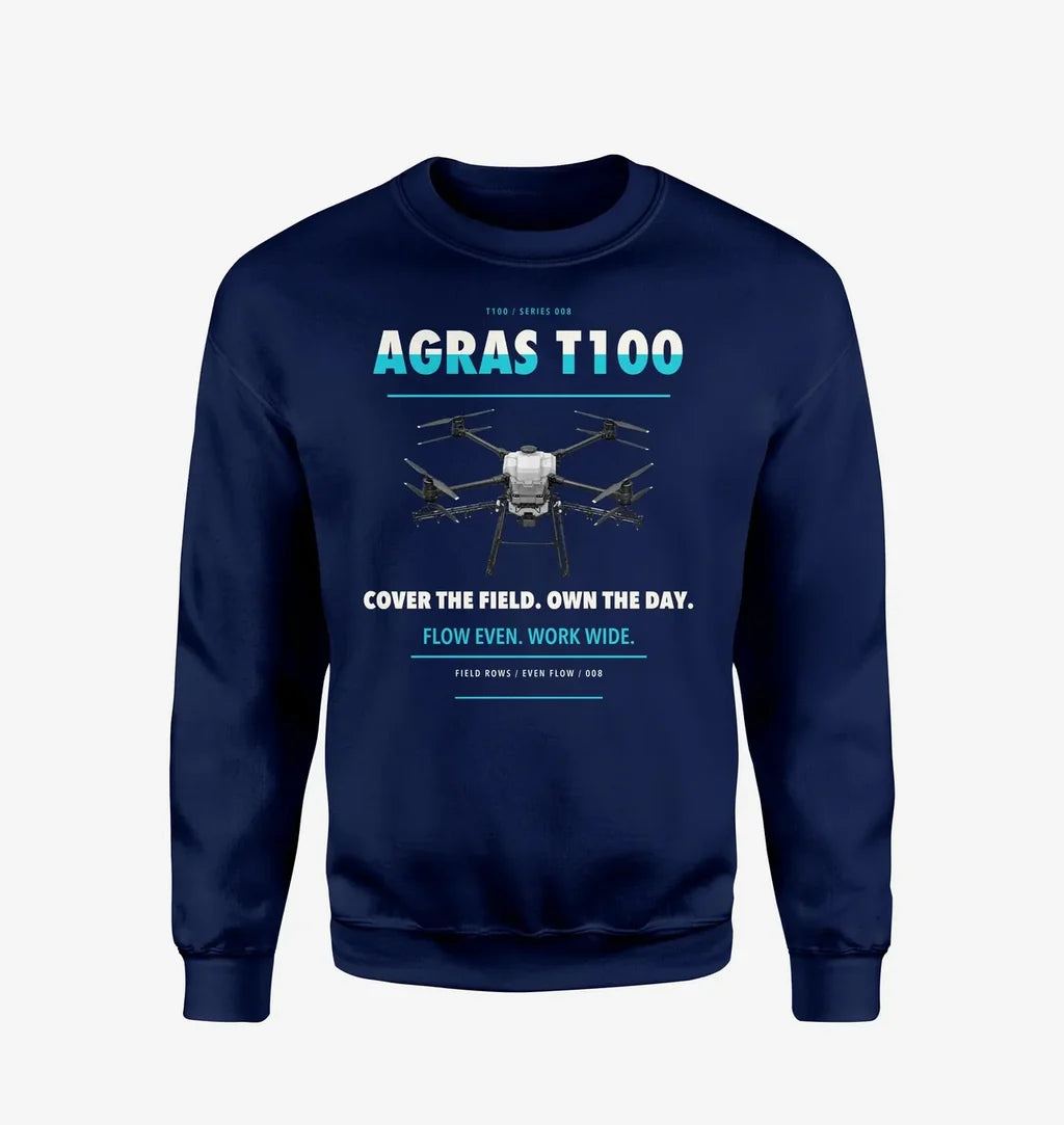 DJI Agras T100 design on navy blue sweatshirt
