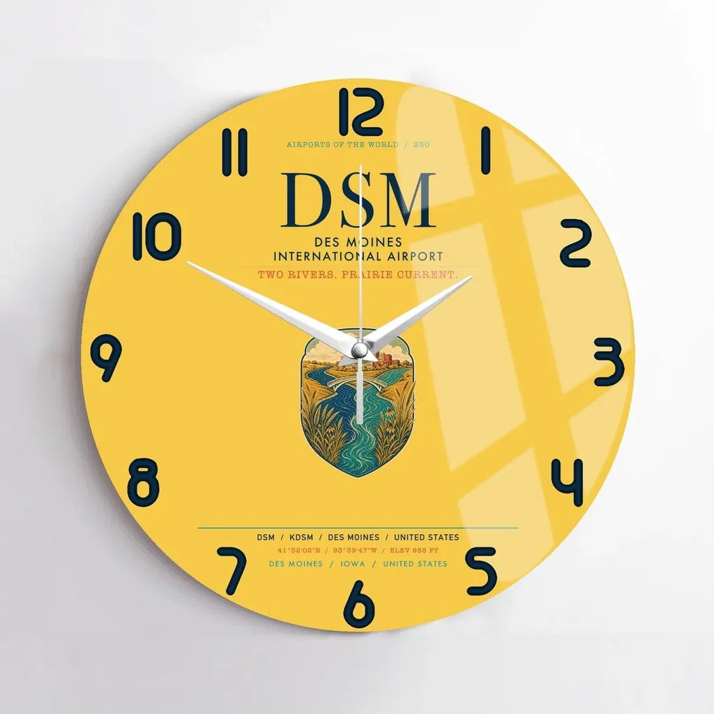 Des Moines International Airport (DSM) design on yellow no frame wall clock