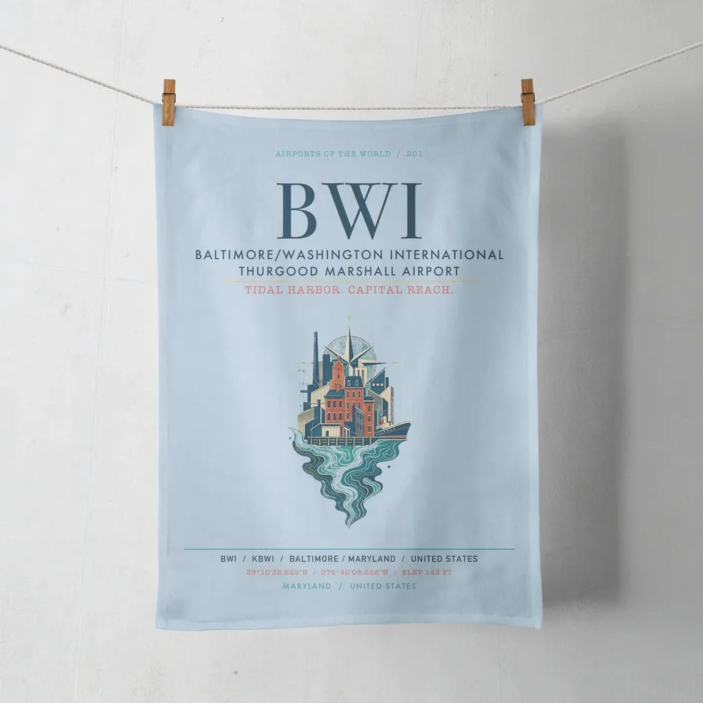 Baltimore-Washington International Thurgood Marshall Airport (BWI) design on light blue towel