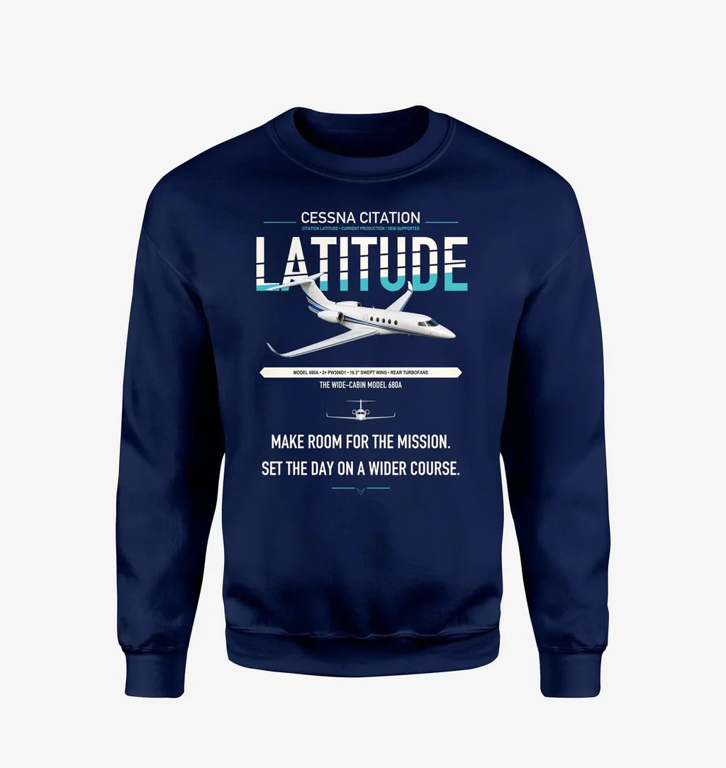 Cessna Citation Latitude design on navy blue sweatshirt