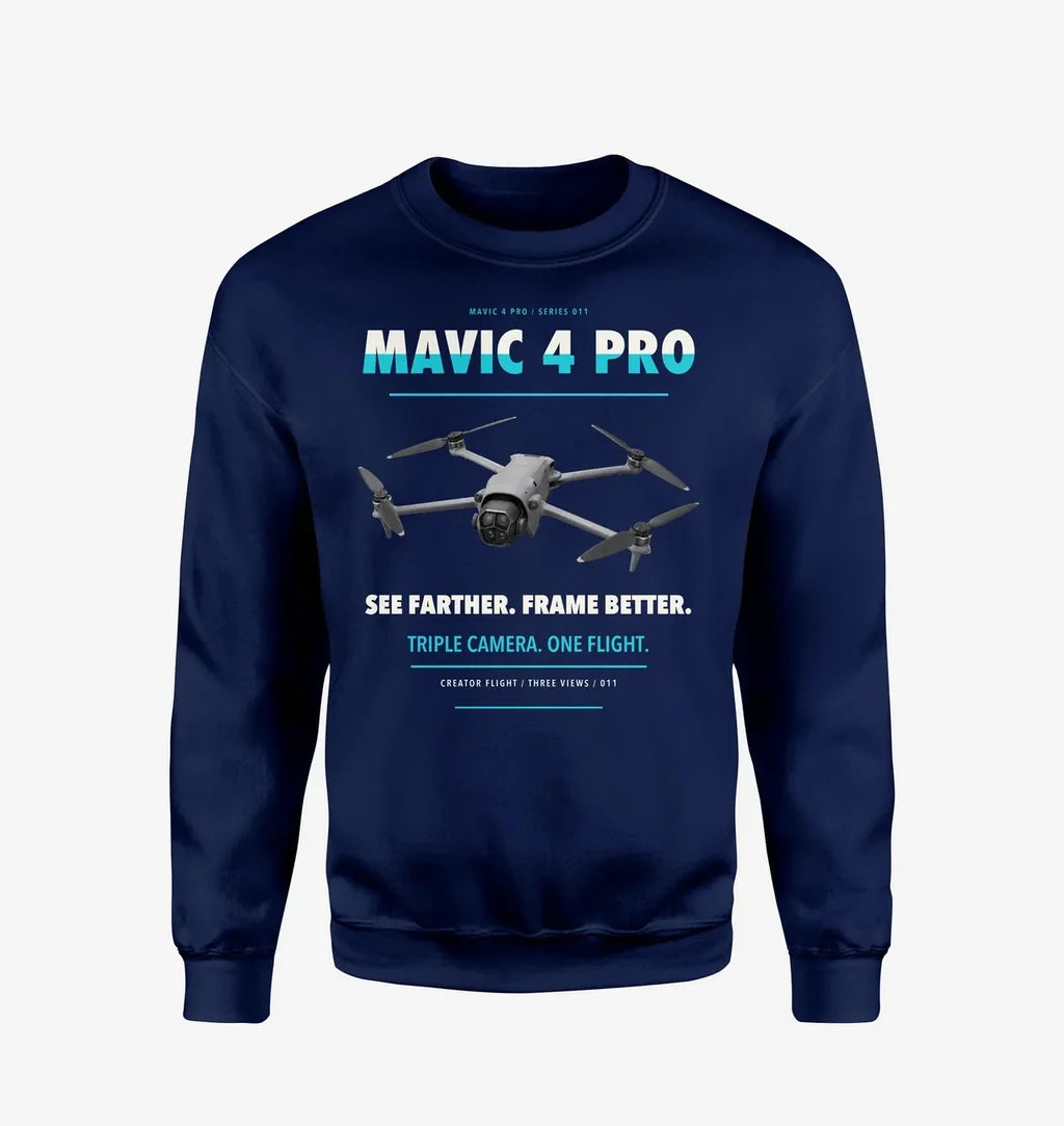 DJI Mavic 4 Pro design on navy blue sweatshirt