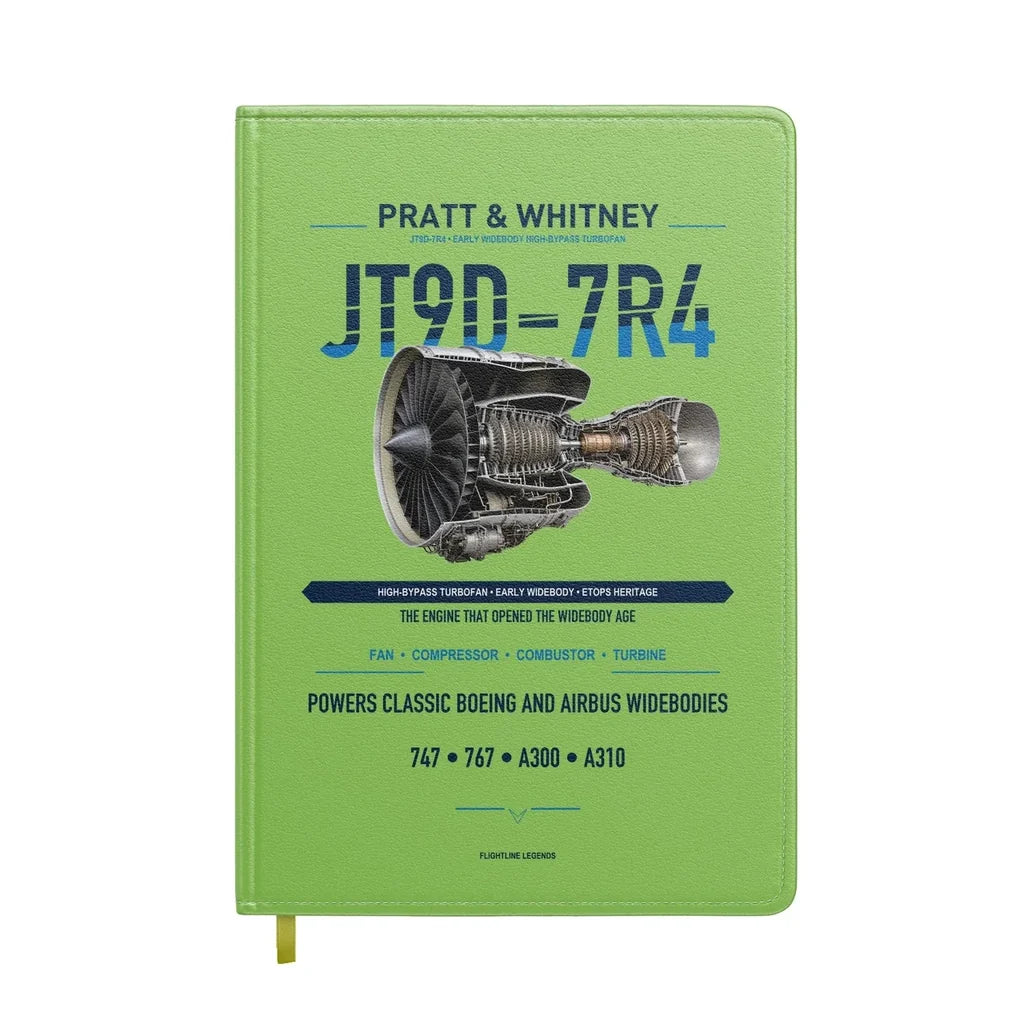 JT9D-7R4 design on light green notebook